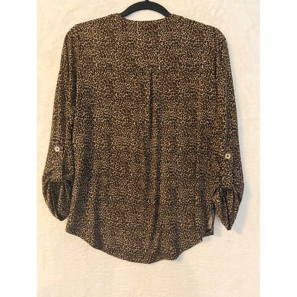 Michael Kors Leopard Print Blouse NWT Women Size S Dark Camel Zip Roll Tab Top